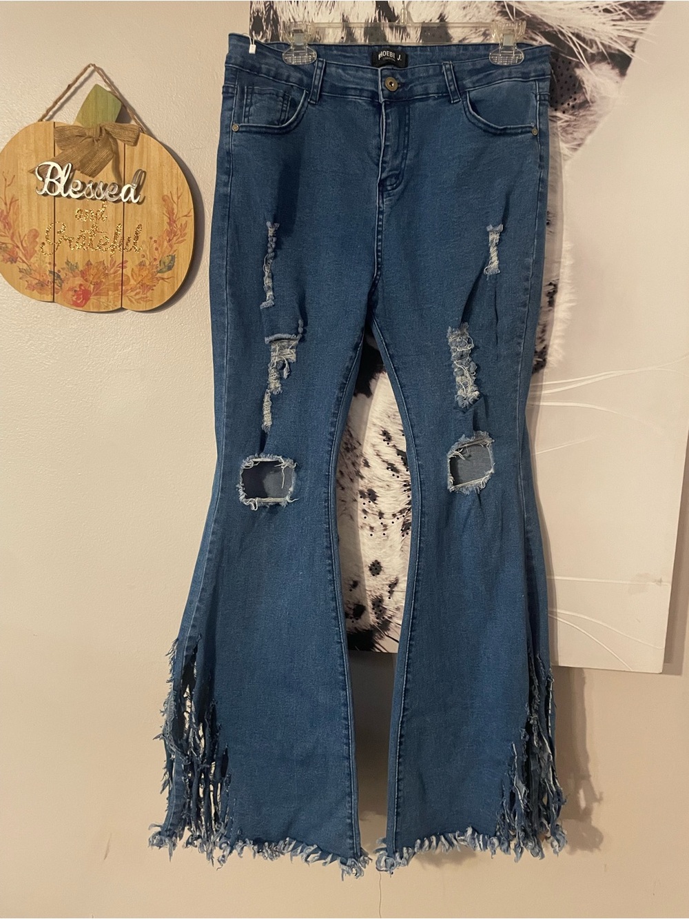Phoebe J Distressed Fringe Hem Flared Jeans - Dark Blue dramatic shred Large com